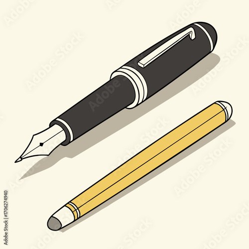 A classic black fountain pen with a silver clip and a yellow pencil are artfully arranged on a light cream background with subtle shadows