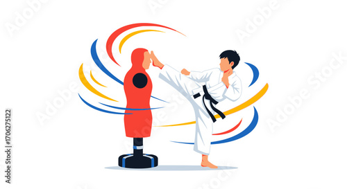 Martial Artist Practicing Kicks on a Punching Bag in a Dynamic Colorful Scene
