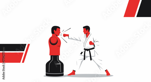 Martial Artist Practicing Punch Techniques On Training Dummy In Modern Flat Illustration