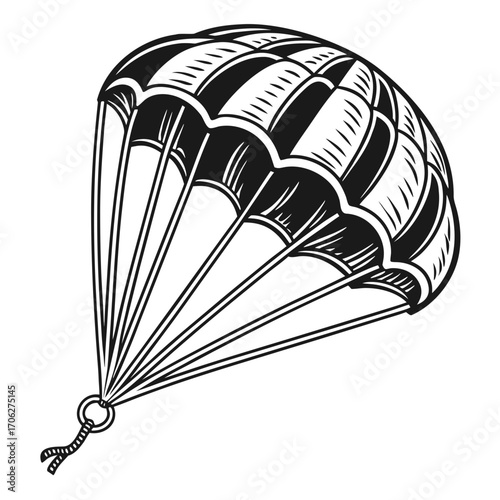 Vintage black and white illustration of an open parachute canopy with suspended lines and a ring harness ready for descent