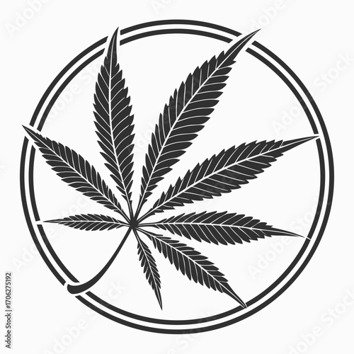 Stylized black and white cannabis leaf silhouette artfully enclosed within a double concentric circle emblem representing nature and growth