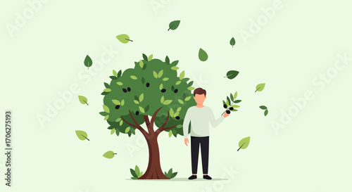 Person Harvesting Olives From A Tree Depicted In Contemporary Minimalist Illustration