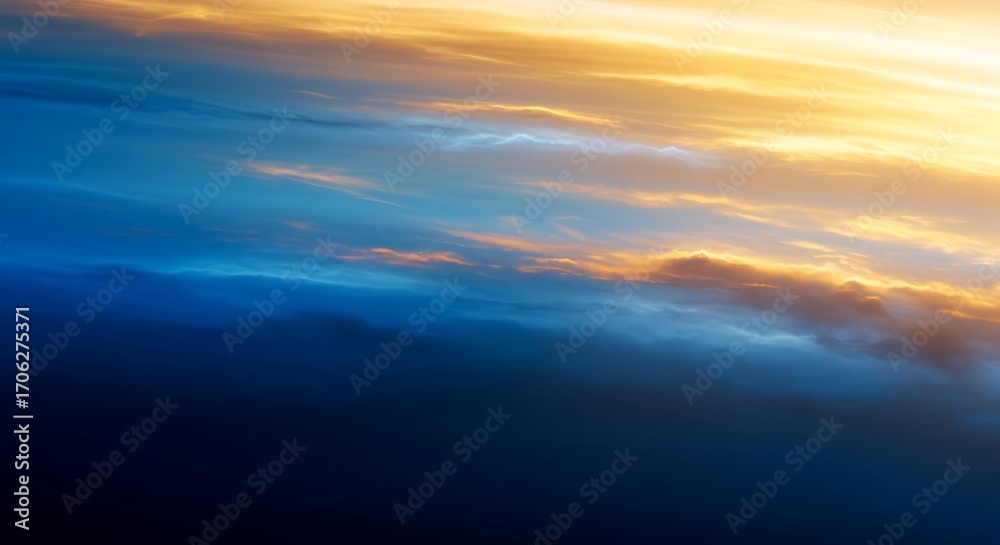 Fototapeta premium Dramatic sky with vibrant clouds at sunset or sunrise, blending blue and golden hues