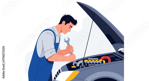 Mechanic Inspecting And Fixing Car Engine Illustration With An Open Hood For Maintenance