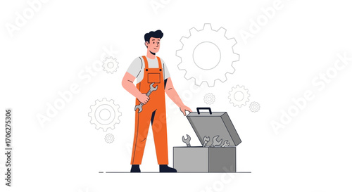 Mechanic Inspecting Toolbox And Tools With Gear Illustrations On The Background