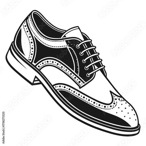 Classic black and white illustration of a detailed wingtip brogue shoe with laces and perforations on a white background