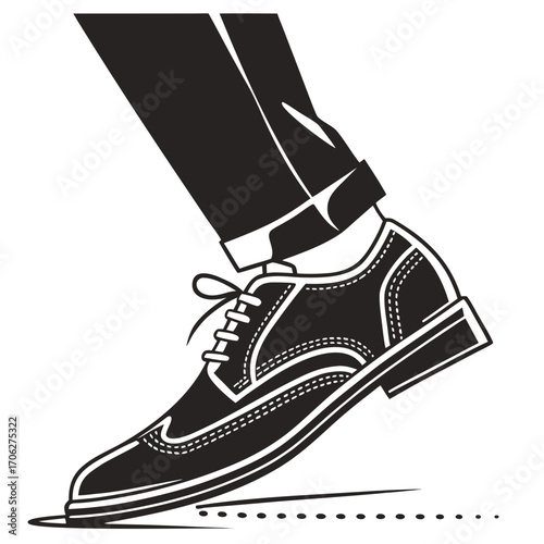 A stylish black and white illustration of a person s leg and foot wearing a classic brogue shoe and trousers stepping forward with a sense of motion