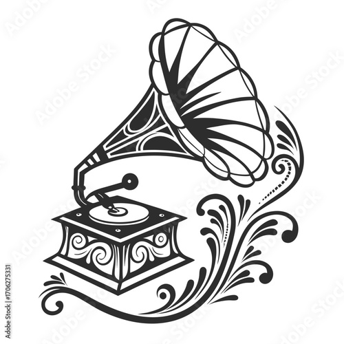 Vintage gramophone with ornate decorative flourishes and swirling patterns evoking a sense of nostalgia and classic music