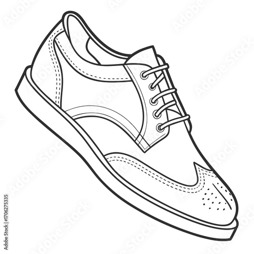 A detailed black and white line drawing illustration of a classic wingtip oxford shoe with laces and decorative perforations on a white background