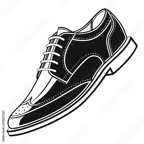 Classic black and white illustration of a wingtip brogue oxford shoe with laces and decorative perforations on a white background