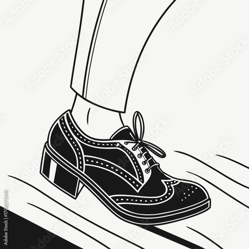 A stylish black and white illustration of a person s foot wearing a classic wingtip brogue shoe with laces and a thick heel in motion