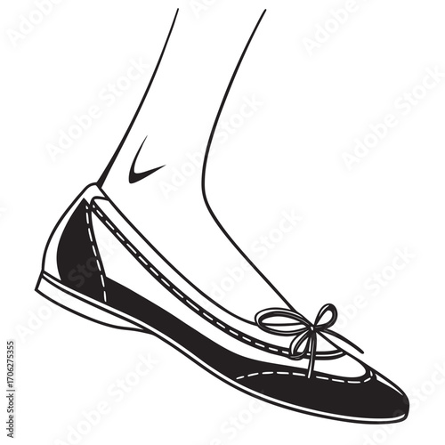 Elegant black and white line art illustration of a woman s foot wearing a classic ballet flat shoe with a delicate bow detail