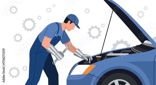 Mechanic Performing Vehicle Inspection and Repairing in a Detailed Digital Illustration