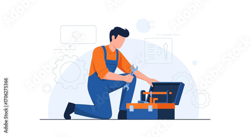 Mechanic Inspects Toolbox With Wrench, Ready To Fix Problems, Vector Illustration