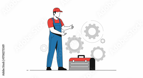 Mechanic Presenting Mechanical Solutions With Tools Box And Conceptual Gears Illustration