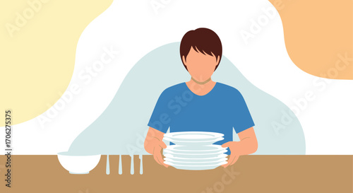 Person Holding Stacked Dishes, Illustrative Style Depicting Kitchen Tasks and Domesticity