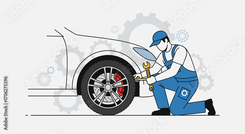 Mechanic Repairing Car Wheel Depicting Automotive Maintenance and Professional Work