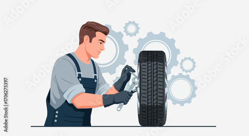 Mechanic Repairing a Tire on a Vehicle, Maintenance and Auto Service Illustration