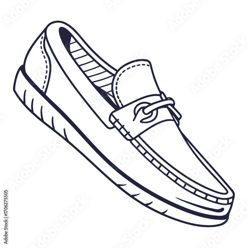 A classic black and white line art illustration of a stylish men s loafer shoe with a decorative metal buckle perfect for fashion and footwear concepts