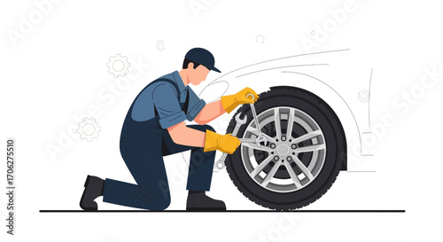 Mechanic Working On The Car Wheel, Illustration of Automotive Work and Maintenance in Vector Format