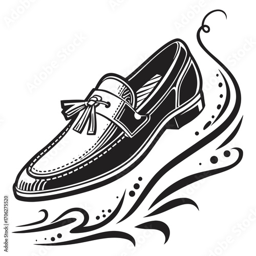 Classic black and white illustration of a stylish men s tassel loafer shoe with decorative swirling lines and dots suggesting movement or elegance