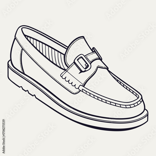 Classic black and white line art illustration of a single stylish monk strap loafer shoe isolated on a neutral background