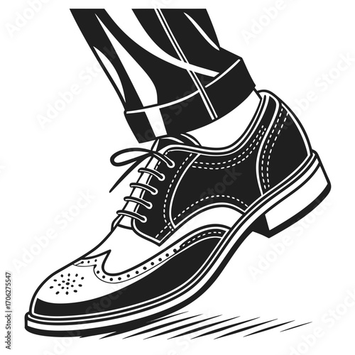 Classic black and white illustration of a man s wingtip brogue shoe with laces and trousers conveying a sense of formal style and movement