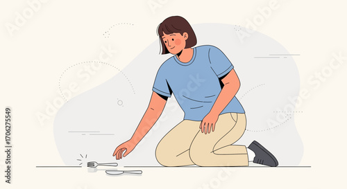 Person Kneeling Down To Pick Up Tableware After Dropping It On The Floor