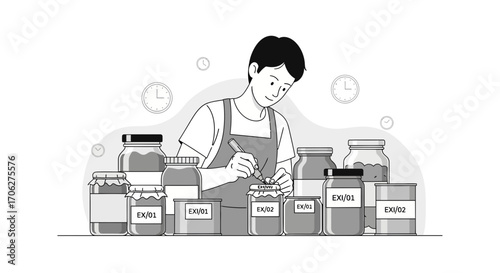 Person Labeling Preserved Goods Jars, Emphasizing Time, and Creating Orderly Process