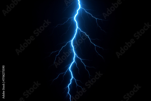 lightning in the night sky. Powerful blue lightning bolt against black background.