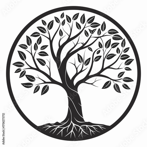 Stylized black and white illustration of a circular tree of life with visible roots and leaves symbolizing growth and connection within a natural cycle