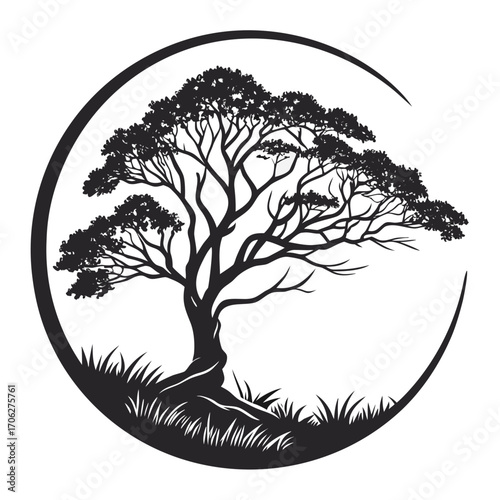 Stylized silhouette of a mature tree with a sprawling canopy and textured bark set within a minimalist circular frame with grassy foreground elements
