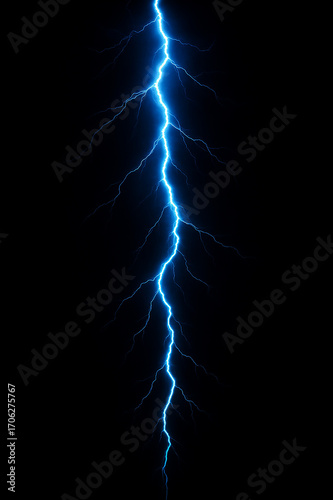lightning in the night sky. Powerful blue lightning bolt against black background.