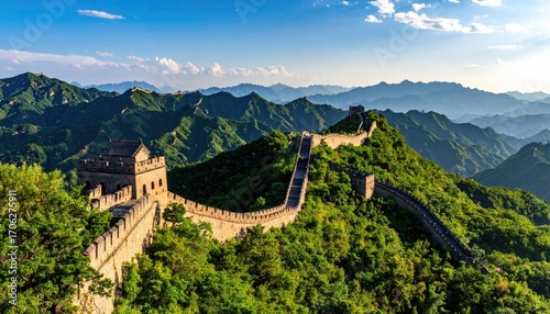 Panoramic view of the Great Wall of China winding through lush green mountains under a vibrant blue sky