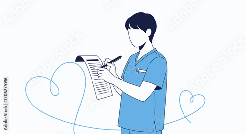 Medical Professional Documenting Patient Care With Heart Shapes Simple Illustration