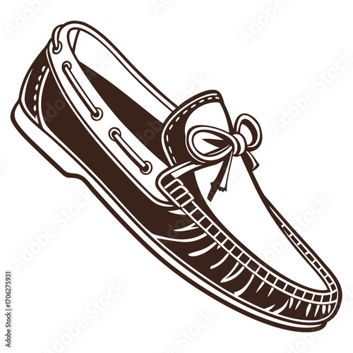 A stylish brown outline illustration of a classic moccasin shoe with a decorative bow and laces on a white background