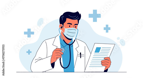 Medical Professional Examining Document With Stethoscope And Wearing Protective Mask