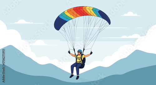 Person Paragliding With Colorful Wing Over Majestic Mountain Range During Daylight