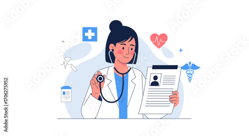 Medical Professional Examining Patient Data Using a Stethoscope and Maintaining Health