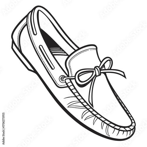 A detailed black and white line art illustration of a classic moccasin shoe with a decorative bow and stitching details isolated on a white background