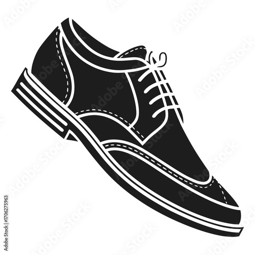 Classic black wingtip brogue shoe with laces and decorative stitching isolated on white background elegant footwear design