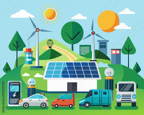 Sustainable energy village vector illustration renewable power sources eco friendly future cityscape vector