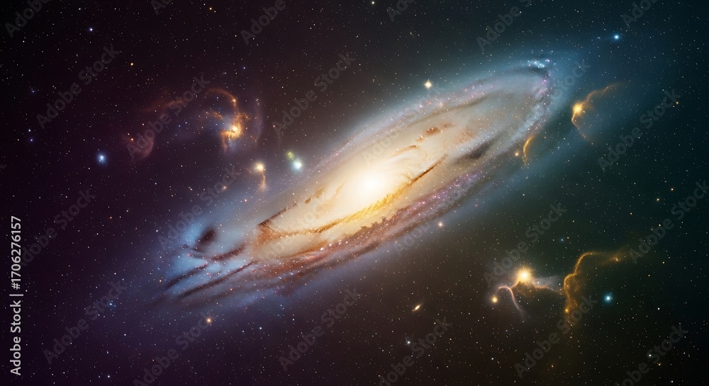 Fototapeta premium Edgeon view of a lenticular galaxy with dust lanes and surrounding stars, distant cosmic object in the universe
