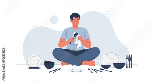 Person Polishing Spoon While Surrounded By Spotless Cutlery And Dinnerware