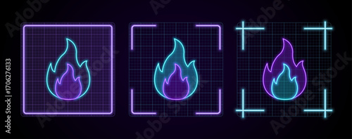 Flammable icon illustration, cyber neon visual, glowing border grid vector.	