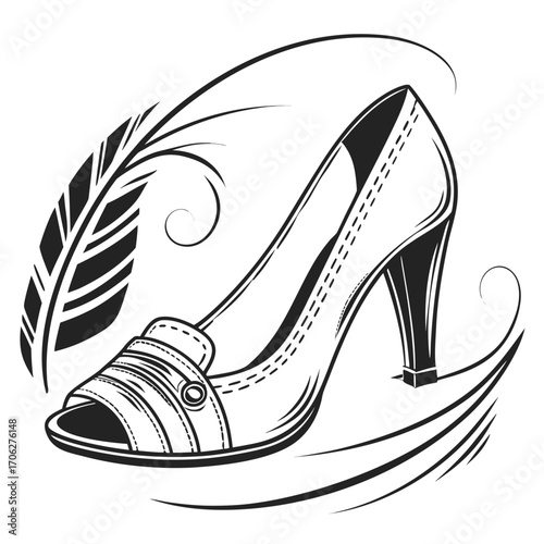 Elegant black and white illustration of a stylish peep toe high heel shoe adorned with decorative stitching and a delicate feather motif