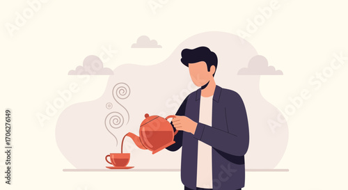 Person Pouring Hot Tea From Red Teapot Into Cup In Flat Vector Style