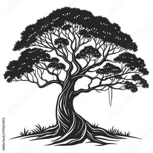 Majestic silhouette of a large ancient twisted tree with exposed roots and lush canopy on white background