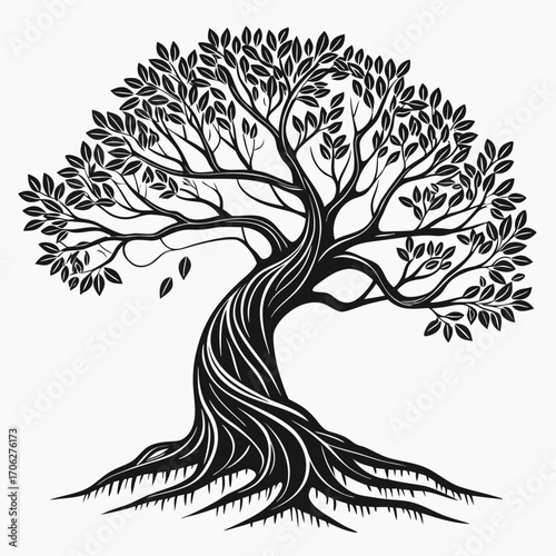 Stylized black and white illustration of a large ancient tree with a thick twisted trunk sprawling branches and prominent roots against a clean white background