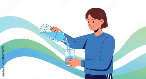 Person Pouring Water From Bottle Into Glass Representing Hydration and Well-being